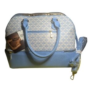 IMAN Dome Satchel Handbag Global Chic Logo Print Blue Patterned 2 Compartments